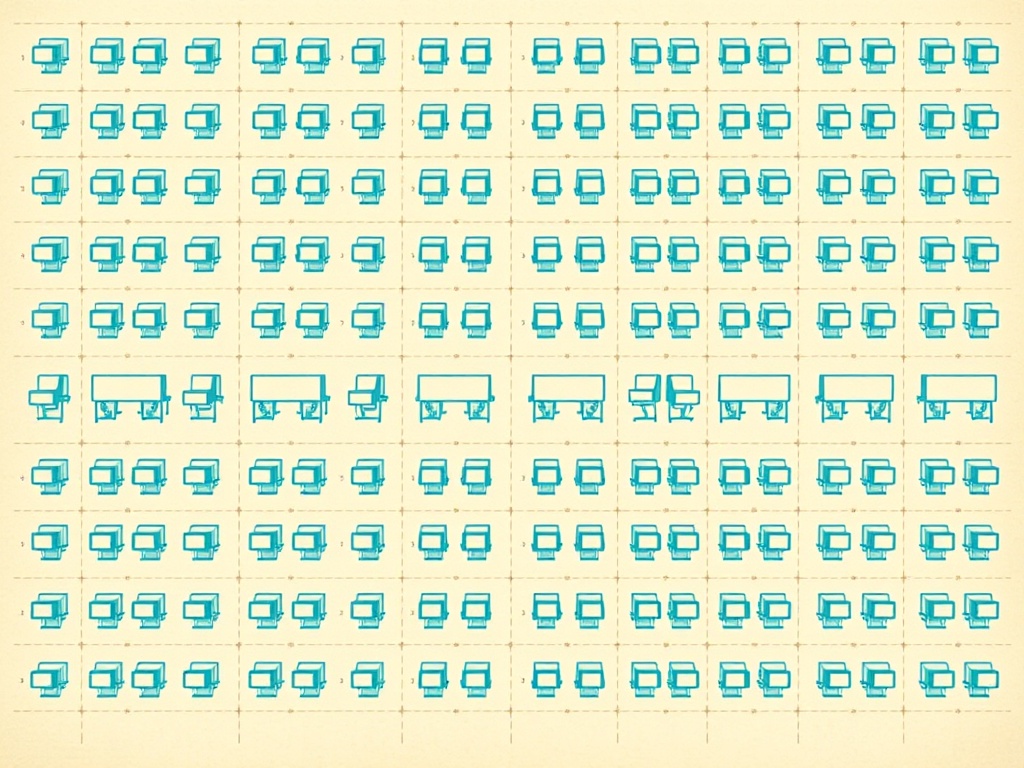 Technische Illustration eines Sitzplans: Reihen aus Schreibtisch- und Sitzsymbolen in einem Raster, wie ein Belegungsplan.
